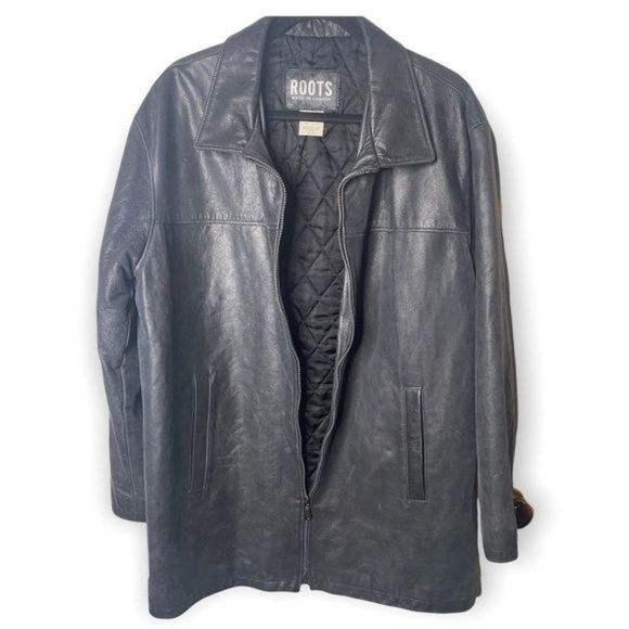 Roots “Richard” Leather Car Coat Vintage Black Treated size L Zip Front Y